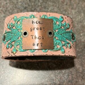 Artistic Leather Cuff Bracelet with Teal Design